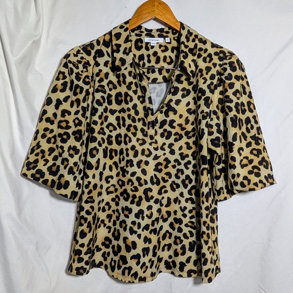 Chico's Leopard Print Blouse, 1/2 Button Down, Puffy‎ 1/2 Sleeves, Spring Sz 2.5